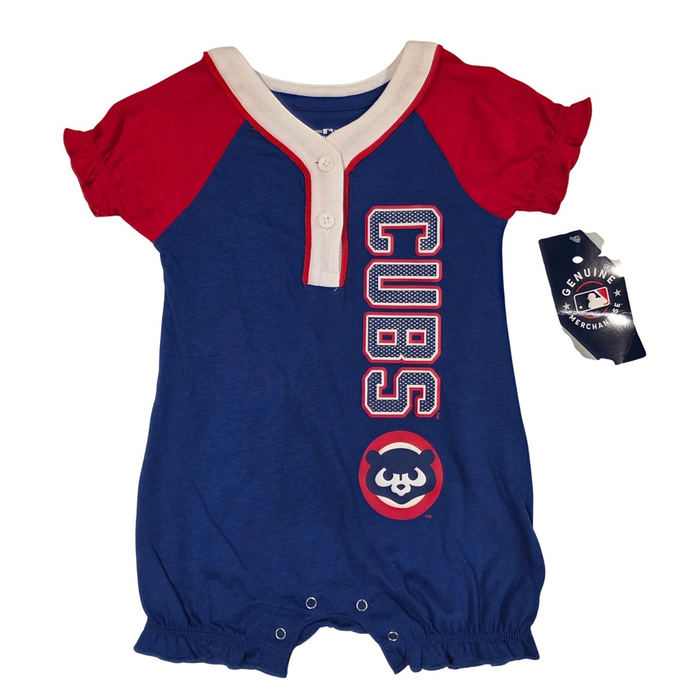 MLB Chicago Cubs Baby Romper Blue Red Raglan Henley 6-9 Months NWT